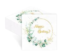 Pack of 40 Birthday Napkins, Happy Birthday Napkins, Eucalyptus Green Sage Green for Spring Decoration, Communion, Confirmation, Christening, Birthday