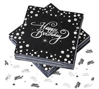 Pack of 40 Happy Birthday Napkins Birthday Black Silver Black Foiled Birthday Napkins, Black Silver Decoration Birthday, 33 x 33 cm for Boys Girls Birthday Party Decoration