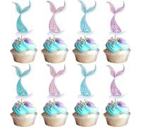 Pack of 40 Mermaid Cupcake Toppers Under the Sea Mermaid Tail Cake Decoration Mermaid Tail Cake Decoration for Mermaid Theme Baby Shower Birthday Party Cake Decorations Blue Pink