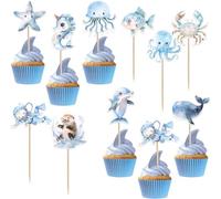 Pack of 40 Ocean Sea Animal Cake Decorations Shark Dolphin Starfish Cake Decoration Octopus Seahorse Cupcake Decorations Under the Sea Cupcake Toppers for Baby Shower Children Birthday Party Cake