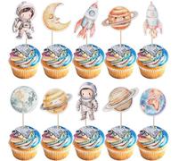 Pack of 40 Space Cake Decorations Solar System Galaxy Universe Cake Decoration Space Astronaut Cupcake Toppers for Planets Galaxy Theme Children Birthday Party Cake Decoration