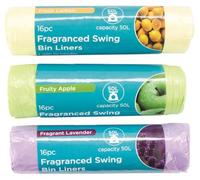 Pack of 48, Fragranced Swing Bin Liners with Tie Handles, 16 Lemon, 16 Apple, 16 Lavender Rubbish Bags, 50L Capacity