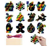 Pack of 48 Scratch Pictures Christmas Scratch Block Christmas Crafts Scratch Paper for Children with 24 Wooden Sticks and 48 Colourful Ribbons for Christmas Tree Decoration Gift