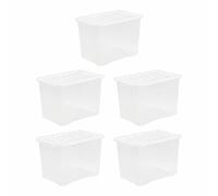 (Pack of 5) 80L Litre Clear Plastic Storage Box With Lids Home Office Stackable Nestable Container Made in U.K