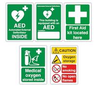 Pack of 5: Automated External Defibrillator, AED Location, Medical Oxygen Stored Inside, First Aid Kit Located, Oxygen Storage Signs - Self-Adhesive Polypropylene (PP) Stickers (148mm x 210mm)
