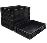 Pack of 5 - Black 60 x 40 x 12 cm Recycled Plastic Euro Stackable Container Trays with Large 24 Litre Capacity, Hand Grips and Solid Sides and Bases