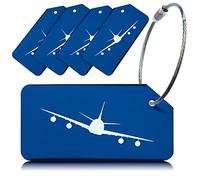 Pack of 5 Blue Strong Aluminium Luggage Tags, Secure, Easy to Spot, Privacy, Variety of Colours, Strong Steel Cable