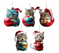 Pack of 5 Christmas Tree Cat Pendants, Acrylic Cartoon Cat Decorative Ornaments, 2D Fun Christmas Pendant Decoration