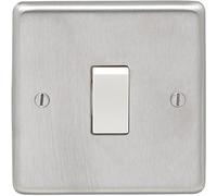 Pack of 5 Eurolite Light Switch 1 Gang 10A 2 Way with Crabtree Insert: Round Edge Satin Stainless Steel Plate with White Rocker (5)