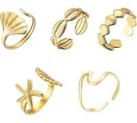 Pack of 5 Golden Summer Rings Ocean Starfish Shell Ring Wave Gold Waterproof Shell Rings Stacked Ginkgo Leaf Ring Stainless Steel Half Open Rings Summer Jewellery Gold for Women and Girls, Stainless