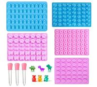 Pack of 5 Gummy Mini Silicone Candy Molds, Mini Bear Dinosaur Donut Cat Paw Fish Shape Gummie Chocolate Non-Stick Candy Molds with 3 Pcs Droppers Cute Mold for Kids