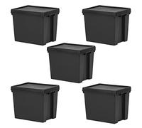[Pack of 5] Heavy Duty 100% Recycled Black BAM Containers with Airtight Snap Lid- Stackable Strong Storage Boxes for Home Office - Stationery, Toys, Shoes Storage Box Organiser (24 Litre Black Bam)