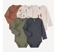 Pack of 5 Newborn Bodysuits with Long Sleeves Ecru + Brown