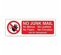 Pack of 5 No Junk Mail no menus no leaflets letterbox Sign - Size 150mm x 39mm - Self Adhesive Vinyl Sticker - Prevents unwanted Junk Mail