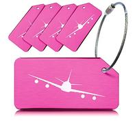 Pack of 5 Pink Strong Aluminium Luggage Tags, Secure, Easy to Spot, Privacy, Variety of Colours, Strong Steel Cable