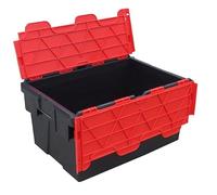 Pack of 5 - Plastic 55 Litre Heavy Duty Storage Box Tote Crates (60 x 40 x 30.6cm) Plastor Black with Red Attached Hinged Lids