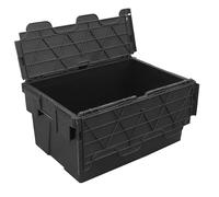 Pack of 5 - Plastic 55 Litre Heavy Duty Storage Boxes (60 x 40 x 30.6cm) Plastor Black Crates with Attached Hinged Lids