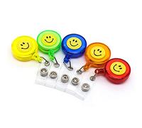 Pack of 5 Retractable Badge Holder ID Badge Metal Reel Clip On Card Holders, Smile Face Assorted Colors, 28" Thick Pull Cord(5 Colors)