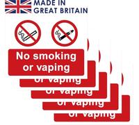 Pack of 5 self adhesive safety signs 135mm x 180mm - No smoking or vaping