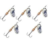 Pack of 5 spinning spoons, model Dotty, model 11 | no. 3, 7 g - color silver with blue dots - bait for trout, perch and pike - triple hook with dead