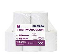 Pack of 5 thermal rolls/receipt rolls/till rolls 80 mm x 80 m x 12 mm (80 x 80 x 12 mm) for all standard thermal paper cash register receipt printers - BPA free (B: 80 mm - Ø63 mm x 50 m - 5 pieces)