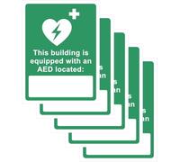 Pack of 5 - This Building is Equipped with an AED Located - 135mm x 180mm - Self-Adhesive Vinyl Signs