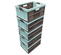 Pack of 5 x 32 Litre Extra Strong Folding Plastic Stacking Storage Crate - Blue/Brown
