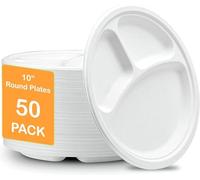 PACK OF 50, 10"/26cm LARGE STRONG 3 COMPARTMENT DISPOSABLE PLATES for HOT & COLD Foods, Ecofriendly Disposable Dinner Plates, Microwave Safe, Strong Ecofriendly Lunch Party plates, Lunch Plates