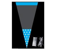 PACK OF 50 - BLUE POLKA DOT - Unique Cellophane Cone Shape Sweet Party Bags 37cm x 18cm - Over 40 Designs With 4" twist ties