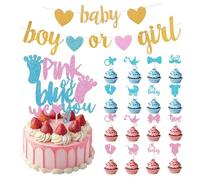 Pack of 50 Gender Reveal Party Decoration Glitter Boy or Girl Cupcake Toppers Bow Baby Cake Decoration with 1 Banner and 1 Large Sign Cake Decoration for Boys Girls Baby Shower Birthday (Blue Pink)