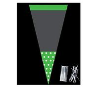 PACK OF 50 - GREEN POLKA DOT - Unique Cellophane Cone Shape Sweet Party Bags 37cm x 18cm - Over 40 Designs With 4" twist ties