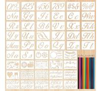 Pack of 50 Letter Stencils Textile Design, 21 x 14 cm PET Drawing Stencils Writing Stencil with 12 Colours Colouring Pencils, Alphabet Drawing Stencil, Letter Templates for DIY Painting Craft