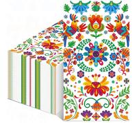 Pack of 50, Mexican Fiesta Paper Napkins, Colorful Floral Folk Art Design, Disposable Napkin for Cinco de Mayo, Taco Night, Birthday, Day of the Dead, Fiesta Table Decorations, 13x15.7 Inches Unfolded