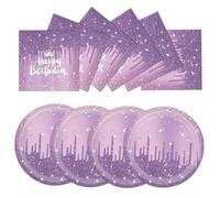 Pack of 50 Purple Happy Birthday Plates and Napkins Set, 25 x 17.8 cm Dessert Plates 25 x 16.5 cm Napkins Birthday Party Tableware Set for Christmas Birthday Party Decoration