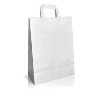 (Pack of 50) White Kraft Craft Paper Medium SOS Carrier Bags | Food Carrier Takeaway Bags with Flat Handle 100% Recyclable | Gifts Bag, Party Bag, Shopping Bag