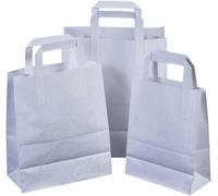 [Pack of 50] White Paper Carrier Bags Small 7" x 9" x 3.5" Flat Reinforced Tape Handles SOS Sustainable Biodgradable Recyclable Kraft Paper