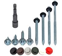 Pack of 50 x 6.3mm x 45mm TEK HEX Head Roofing Screws, Plus Free 16mm Juniper Green HEX Cover CAPS & Driver BIT
