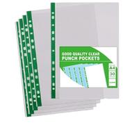 Pack of 500 A4 Clear Plastic Punched Pockets - 30 Micron Polypropylene Sleeves with Green Reinforced Filing Strip, 10-15 Sheet Capacity, Durable Document Protectors for School, Office and Home Use