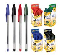 Pack of 50X BIC CRISTAL Medium Ball Pens Crystal Biros In Black Blue Red Green