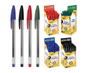 Pack of 50X BIC CRISTAL Medium Ball Pens Crystal Biros In Black Blue Red Green