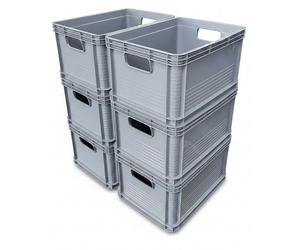 Pack of 6 - 20 Litre Euro Stacking Storage Boxes, Heavy Duty Plastic Containers, Food Grade, 30kg Load, 400x300x220mm, Industrial Warehouse Garage Storage Bins (Grey)