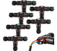 Pack of 6 3-pin cable connectors, waterproof IP68, T-shape cable connector, waterproof 3-pin earth cable connection sleeve for diameter 3-12 mm cable diameter, 2-way waterproof junction box for