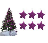 Pack of 6-8cm 3D Glitter Star Baubles Christmas Tree Decorations (Dark Purple)