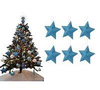 Pack of 6-8cm 3D Glitter Star Baubles Christmas Tree Decorations (Ice Blue)