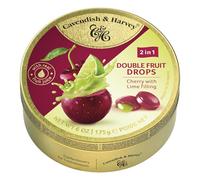 Pack of 6 Cavendish & Harvey Cherry with Lime Filling Double Fruit Drops in Tin - Premium Travel Sweets with Real Fruit Juice, Hard-Boiled Candy Confectionery - Each H4 x 9.7cm Dia, 175g