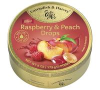 Pack of 6 Cavendish & Harvey Raspberry & Peach Filled Drops in Tin - Premium Fruit Flavoured Travel Sweets with Real Fruit Juice, Hard-Boiled Candy Confectionery - Each H4 x 9.7cm Dia, 175g
