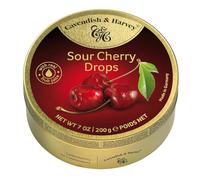 Pack of 6 Cavendish & Harvey Sour Cherry Fruit Drops in Tin - Premium Fruity Travel Sweets made with Real Fruit Juice, Vegan Friendly Confectionery Hard-Boiled Candies - Each H4 x 9.7cm Diameter, 200g