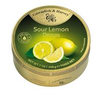Pack of 6 Cavendish & Harvey Sour Lemon Fruit Drops in Tin - Premium Fruity Travel Sweets made with Real Fruit Juice, Vegan Friendly Confectionery Hard-Boiled Candies - Each H4 x 9.7cm Diameter, 200g