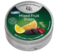 Pack of 6 Cavendish & Harvey Sugar-Free Mixed Fruit Drops in Tin - Premium Travel Sweets made with Real Fruit Juice, Vegan Friendly Confectionery Hard-Boiled Candies - Each H4 x 9.7cm Diameter, 175g