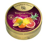 Pack of 6 Cavendish & Harvey Tropical Fruit Drops in Tin - Premium Fruity Travel Sweets made with Real Fruit Juice, Vegan Friendly Confectionery Hard-Boiled Candies - Each H4 x 9.7cm Diameter, 200g